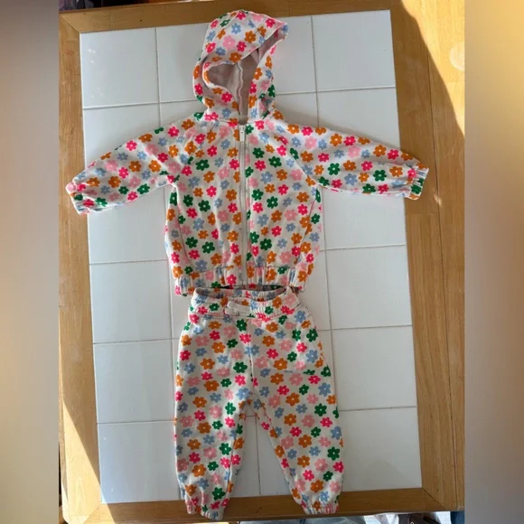 Old Navy Baby Girls Toddler Matching Floral Sweatsuit Set 18-24m Zip Hoodie - Picture 3 of 12